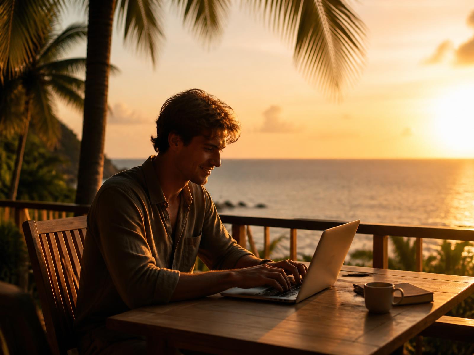 Entspannt am Laptop arbeiten mit Blick auf das Meer im Sonnenuntergang